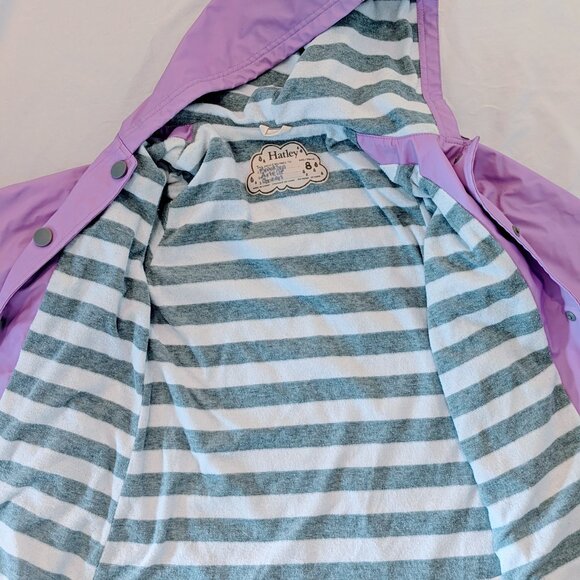 Hatley Girls Lilac Rain Jacket Sz 5 Waterproof Button-Up Fleece Lined Gray White - Picture 5 of 8